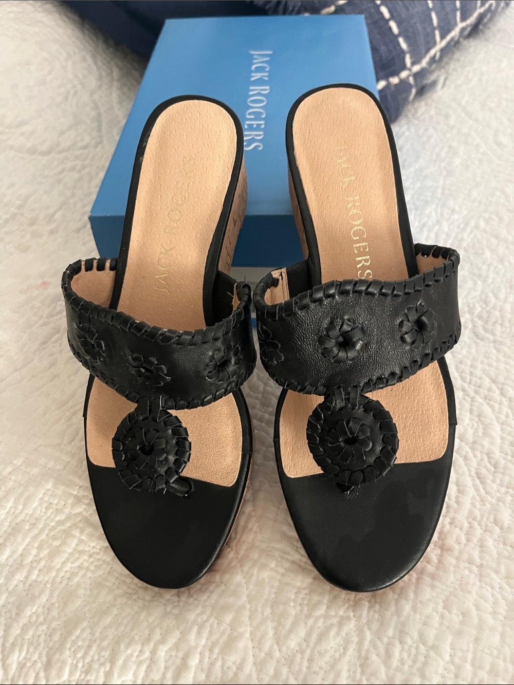 Jack Rogers Black Leather Woven Slide Mules